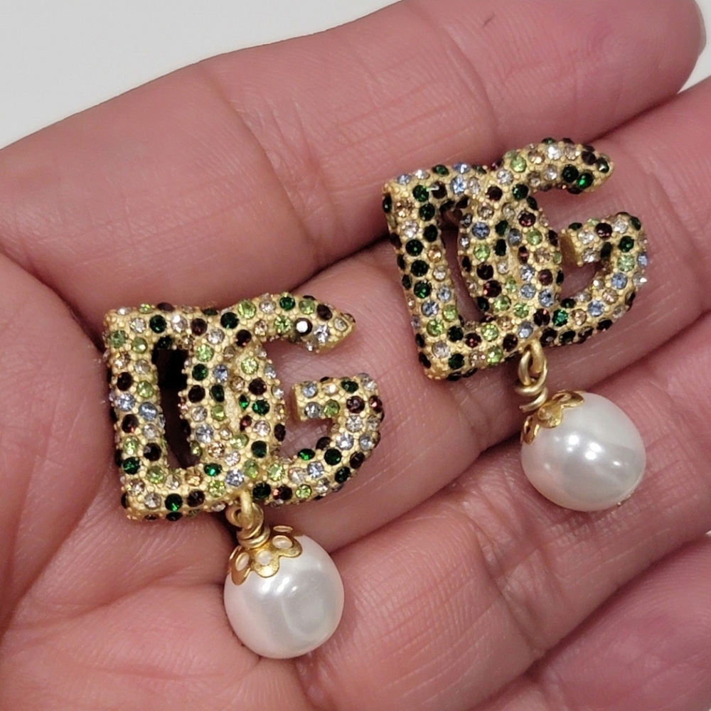 Dolce & Gabbana Gold-tone Crystal DG Logo Drop Earrings with Pearl